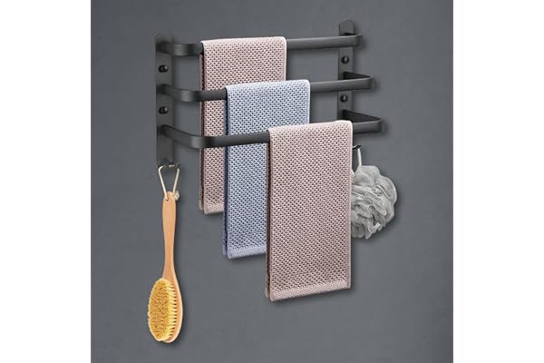Porte-Serviettes Mural HONPHIER Porte Serviette Salle de Bain étagère Serviette avec Crochets Porte-Serviettes Aluminium étagère Serviette pour Cuisine, Salle de Bains, Hôtel (Noir, 40CM)