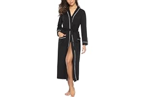 Sykooria Womens Lightweight Cotton Knit V Neck Long Kimono Robes Bathrobe Soft Sleepwear Loungewear Pocket Dressing Gown for Women