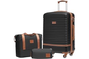 COOLIFE Koffer Set 3-tlg: Mittlerer Koffer + Reisetasche | ABS Hartschale Leicht, 360° Räder & TSA-Schlösser Für Europa, Kreuzfahrt & Auslandsstudium – Familienurlaub Essentials Schwarz/Braun