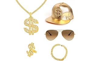GIGIIS Colliers Bagues Casquette Hip Hop pour Homme 80's 90's Déguisement Hip Hop Accessoires Lunettes de Soleil Rappeur Dollar Boss Sign Chaîne Plaqué pour Anniversaires Party Carnaval