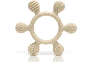 CAJA Beißring Baby BPA freie Zahnungshilfe Beißspielzeug aus Silikon Greifring mit Motiven sicheres sensorisches Babyspielzeug mit strukturierten Oberflächen Geschenkidee zur Geburt Jungen Mädchen