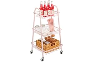 mDesign étagère de rangement mobile – chariot à roulettes en métal avec 3 étages – meuble rangement roulettes compact pour salle de bain, cuisine, bureau ou chambre – rose clair