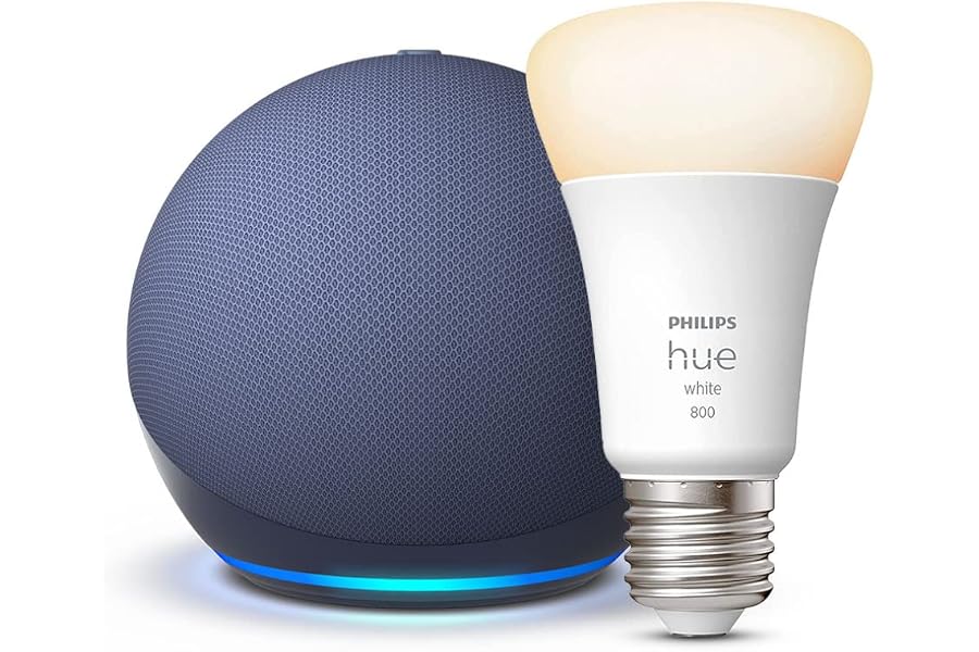 Echo Dot (5. Generation) | Tiefseeblau + Philips Hue White Smart Bulb (E27), Funktionert mit Alexa - Smart Home-Einsteig