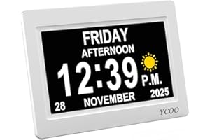 YCOO Dementia Clock, Day Date Digital Clock with Sun/Moon Icons, Large Clear Digital Display, Auto DST, 7 Display Modes, Wired Power Supply Clocks. (7 Inch White)