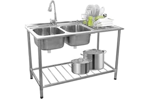 KUKOO Catering Sink Commercial Stainless Steel Double Bowl Unit And Tap Right Hand Drainer Kitchen Restaurant Storage Shelf