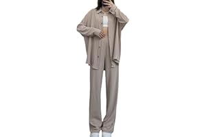 Lerrita Femme Ensemble plissé structuré 2 pièces Bouton Down Outfit Plissé Loungewear Set Chemises manches longues+ Taille haute Pantalons jambes larges Ensemble élégant Ensemble pantalon streetwear