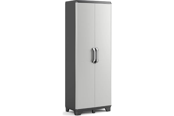 Keter Armoire Haute Gear - Rangement Multifonctions - Étagères Modulables, Pieds Surélevés, Base renforcée, Poignées Aspect métal - Cuisine, Garage, Atelier, Placard - 68 x 39 x 182 cm - Gris