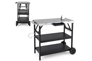 TANGZON Movable Dining Table Cart, 3-Tier Stainless Steel Flattop Food Prep Serving Table with 2 Wheels, Side Handle, Spice Rack & Phone Holder, Outdoor Folding Pizza Oven Trolley for BBQ Picnic