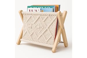 VELLICHOR EUROPE Macrame Magazine Rack Boho Storage Holder – Small Wooden Floor Basket for Books, Newspapers, Swaddles – Cotton Rope Organiser for Living Room, Nursery, Bedroom, Office - Modern Home Decor
