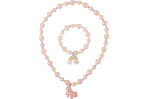 JKDHJK Girls Rainbow Necklace Unicorn Bracelet Set 2 Pieces Colorful Beaded Necklace Charm Bracelet for Children Dress Up, Children Costume Jewelry Party and Girls Gift