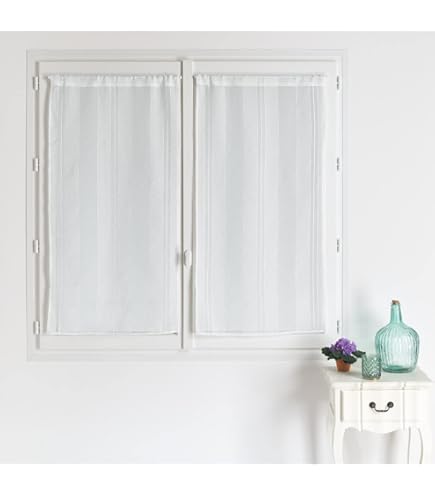 Voilage Effet Lin Brodé - Lot De 2 Rideaux Blancs 60 X 120 Cm | Ourlet Passe-Tringle, Tissu Tamisant Pour Chambre, Salon, Cuisine