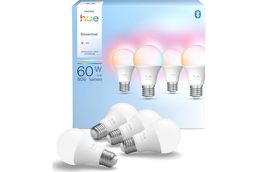 Philips Hue Essential Smart LED A60 Lampe, Weiß und Farbiges LED Leuchtmittel, E27 Fassung, 8W, 2200K-6500K, 806 Lumen LED Licht, dimmbar, kompatibel mit Alexa, Google Assistant & Apple Home, 4er Pack