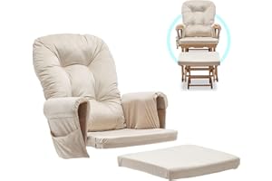 CyyKcc Glider Rocker Replacement Cushions Cover Set Velvet for Nursery Chair and Footstool Padded Hugging Cushions with Storage Pocket, Beige
