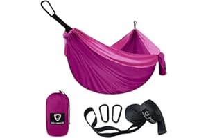 Gold Armour Camping Hammock - USA Brand Single Parachute Hammock (2 Tree Straps 10 Loops/20 ft Included) Lightweight Nylon Portable Adult Kids (Fuchsia/Pink)