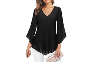 Gemulate Womens Blouse Ruffle 3/4 Sleeve Blouses for Women V Neck Chiffon Tunic Tops Double Layers Mesh Shirts