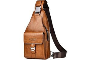 A-QMZL Sacoche Homme Bandouliere Sac de Poitrine business Loisir Sac a Dos PU Cuir Pochette Epaule de Voyage pour Homme (Brun clair)