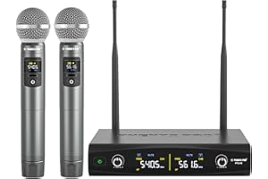 Phenyx Pro Sistema de Micrófono Inalámbrico de Metal con Estuche, Micrófonos Dinámicos Inalámbricos de Mano para Canto, Karaoke, 2x30 Frecuencias Sintonizables UHF, Alcance de 200 pies (PTU-52-2H)
