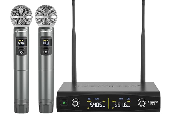 Phenyx Pro Système de Microphones sans Fil, Ensemble de Microphones sans Fil à Main pour Le Chant, Le karaoké, l'église, 2x30 fréquences UHF réglables, portée de 200 Pieds (PTU-52)
