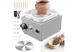 Tour de Potier, Kooeuru Tour Poterie 2000 tr/min Vitesse Réglable avec Plaques de 10/6,5 cm, Outils de Façonnage et Bassin Amovible, Tour Potier Poterie Enfant et Adultes (Gris)