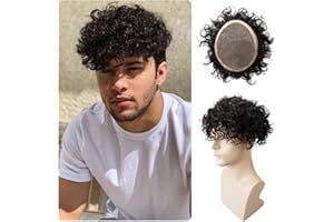 Lordhair Parrucca riccia per uomo, toupet capelli veri, sistema di sostituzione dei capelli (20 * 25CM,Jet Nero 1#, Curvatura 20MM)