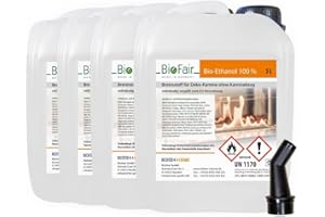 ‎BIOFAIR 20 Liter (4 x 5L) Bioethanol 100% in geprüfter Premium Qualität für Bioethanolkamin, Ethanol Tischkamin, Wandkamin