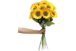 Laelfe Grand Tournesol Artificiel Deco, 60 cm Longue Tige Faux Tournesols en Soie pour Vases Maison Organisations de Mariage Décorations de Fête d'anniversaire (Centre Foncé, 6 Pcs)