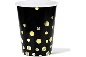 ZVK Gobelets en papier jetables, 12 Gobelets 250ml Noir avec à pois dorés, Gobelets de fête pour boissons chaudes ou froides, lait, cola