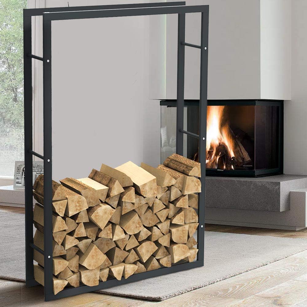 BAKAJI Soporte Vertical para leña Rectangular de Metal para Madera de Interior, Exterior, Madera, casa, jardín, para Chimenea, Chimenea, diseño Moderno (150 x 25 x 100 cm) Negro