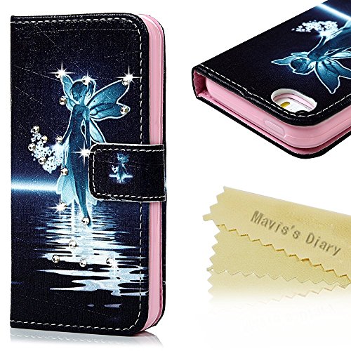 Mavis's Diary Étui iPhone 5/iPhone 5S/iPhone SE Coque en Cuir Bling Strass Papillion Ange Dessin Housse Portefeuille Fente de Carte Étui à Rabat Fermeture Magnétique Flip Phone Case Cover+Chiffon
