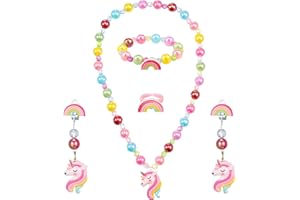 SOSPIRO Kinder Schmuck Set, 5 Stück Mädchen Perlenkette Set Einhorn Halskette Kinder Perlenarmband Regenbogen Ohrringe Ring, Prinzessin Schmuck Set Geschenk Für Kinder Mädchen Party Mitgebsel (Rosa)