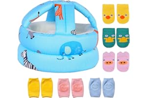 Umtiti Baby Adjustable Safety Helmet, Lightweight and Soft, Infant Head Protector with 3 Pairs Baby Knee Pads for Crawling & 3 Pairs Baby Socks, Soft Head Guard for Baby Learning to Walk. Zoo,Blue+6
