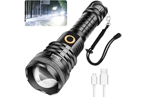 WholeFire Linterna LED Alta Potencia 90000 Lúmenes, Potente XHP90 Policial Linternas USB Recargable Impermeable 5 Modos de Zoom, Táctica Militar P90 Linterna con Batería y Cable USB