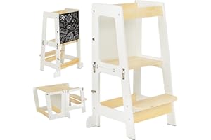 Youyijia 3-in-1 Toddler Learning Tower Kids Step Stool & Mini Desk with Safety Rail, Toddler Steps Stool with Black & Whiteboard for Kitchen Counter, Mothers' Helper (White)