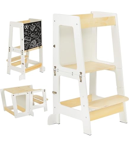 Bamboo Kids Kitchen Step Stool With Adjustable Height And Safety Rails