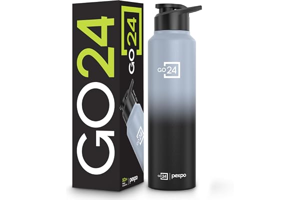 Go24 pexpo Stainless Steel Water Bottle Craft Grey-Knight Black Ombre 950ml | Sipper Cap Lightweight single-wall water bottle
