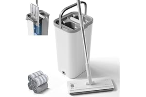 Masthome Mocio Lavapavimenti in Microfibra e Secchio Strizzatore, Mocio Piatto Professionale con Secchio Doppio Scomparto, Secchio Lavapavimenti con 4 Panni Riutilizzabile, Bianco + Grigio