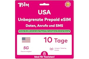 TSIM USA eSIM 10 Tage. T-Mobile Netzwerk mit Unbegrenzt Highspeed-Daten, Lokale Anrufe und SMS in den USA (Hawaii Inklusive). Erhalte eSIM Am Selben Tag per E-Mail und Beginne Sofort mit der Nutzung!
