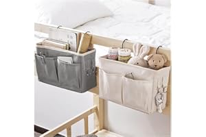 Bedside Storage Caddy – Hanging Organizer with Multiple Pockets by KOKSI – White Fabric Bedside Pocket for Magazines, Books, Remotes, Smartphones – Ideal for Sofa, Armrest, Bedroom