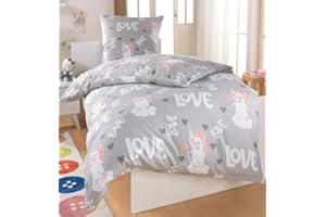 DreamHome Fein-Biber Bettwäsche 135x200 Mädchen, extra Flauschige Bettwäsche, Einhorn Bettdecke, Kinder Bettwäsche Baumwolle, kuscheliges Bettwäsche Set in Unicorn, Designe:Einhorn-Love