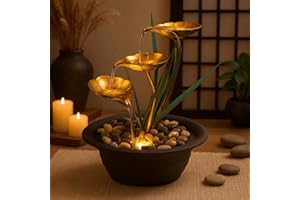 GEEZY Indoor Water Fountain - Lotus Design with LED Lights - Mains Powered & Self-Contained, Table Top, Relaxing & Tranquil - Perfect for Home, Living Room, Office Decor