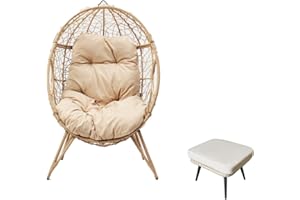 CONCEPT USINE | Fauteuil Oeuf sur Pieds en Résine Aspect Rotin + Repose-Pieds | Design Jane Beige | Structure en Acier | Coussin Déperlant | Hamac Balançoire sur Pied Terrasse Jardin Balcon