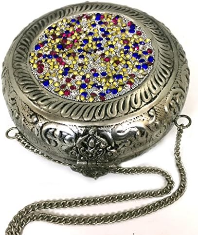 Worldcraft Handmade Antique METAL &amp; CRYSTEL BEADS Work Clutch Purse Wallet hard Handbag with Strong Golden Chain Multi Elipse Shape for Women (Silver)