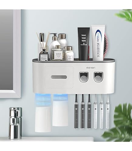 Soporte Desinfectante UV Para Cepillos De Dientes Eléctricos - Con Dispensador De Pasta Y 3 Tazas, Carga Solar O USB-C, Para Pared, Color Gris Oscuro