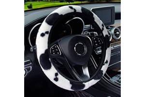 CYSOCOOL Couvre Volant de Voiture en Peluche en Vache Motif Chaud Hiver Universelle Caches de Volant Thermique Antidérapant Elastique Auto Protege Couvre Volant Voiture de 36 à 39 cm, Intérieur de Voiture