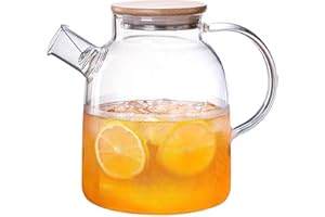 HwaGui Théière en verre borosilicate de 1,6 l avec filtre en métal, théière en verre borosilicate avec couvercle en bambou, carafe en verre