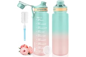 MOMSIV Butelka na napoje, sportowa butelka na napoje, 1 l, nie zawiera BPA, szczelna, sportowa butelka na wodę ze znacznikami czasu i szczotką, butelka sportowa na fitness, do szkoły, na rower