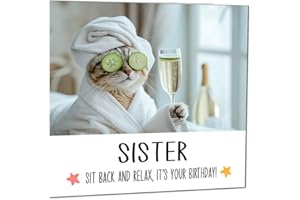 PURPLE FOX Sister Birthday Card - Sit back and Relax Cat Spa - Funny Birthday Cards for Sister Sis