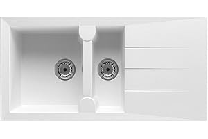 Respekta Alineo évier en granit blanc/Évier 1,5 bac 100 x 50 cm/Évier adapté aux meubles sous évier à partir de 60 cm de largeur