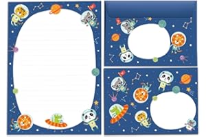 JUNAPACK Bloc de papier à lettre avec enveloppe pour enfants animaux fusée astronaute Space (bloc A5 de 25 feuilles + 15 enveloppes)