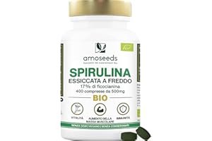 AMOSEEDS Spirulina BIO, 4500mg al giorno | 17% Ficocianina, essiccata a freddo | 400 compresse vegane de 500mg | Vitamine, Diminuisce la stanchezza, Sistema immunitario | Qualità superiore